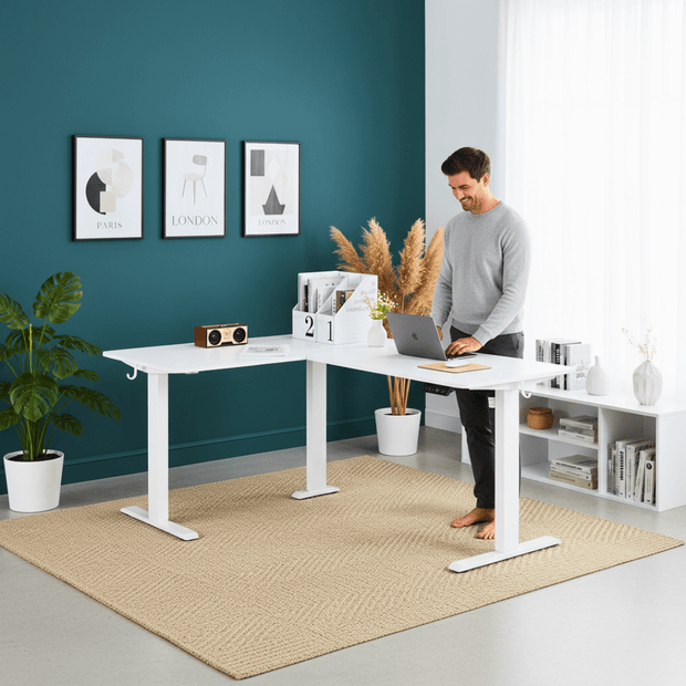 Bureau assis-debout d’angle électrique 140x120 cm à mémoire – MÖVIA