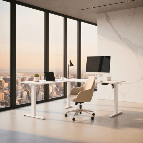 Bureau assis-debout d’angle électrique 140x120 cm à mémoire – MÖVIA