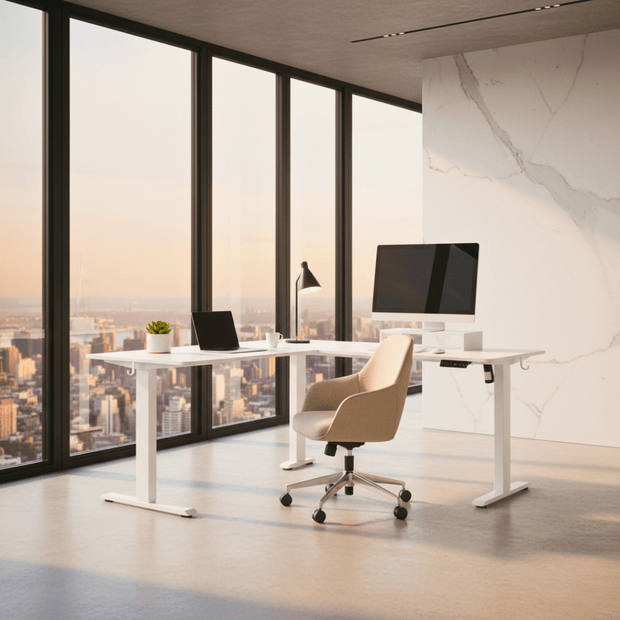 Bureau assis-debout d’angle électrique 140x120 cm à mémoire – MÖVIA