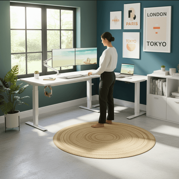 Bureau assis-debout électrique 140x160 cm bois et blanc – MÖVIA