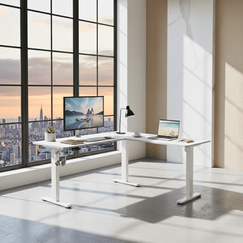 Bureau assis-debout électrique 140x160 cm bois et blanc – MÖVIA