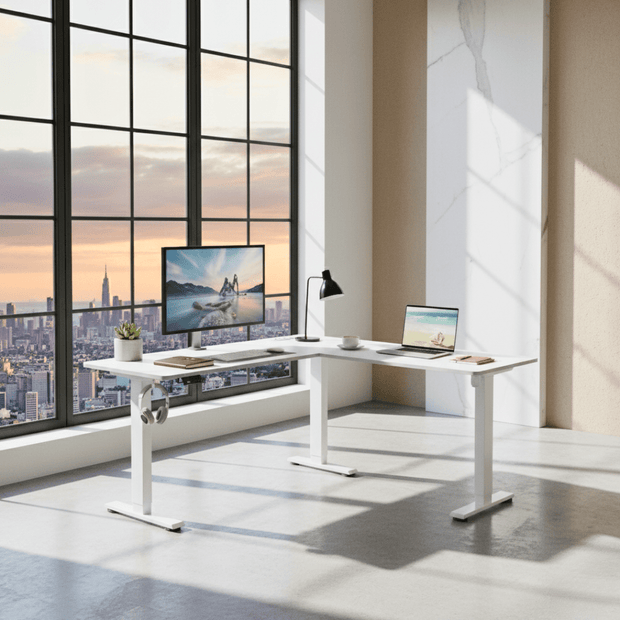 Bureau assis-debout électrique 140x160 cm bois et blanc – MÖVIA