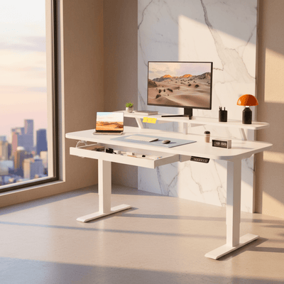 Bureau assis-debout électrique blanc avec tiroir et support – MÖVIA Blanc (120*60*116cm)